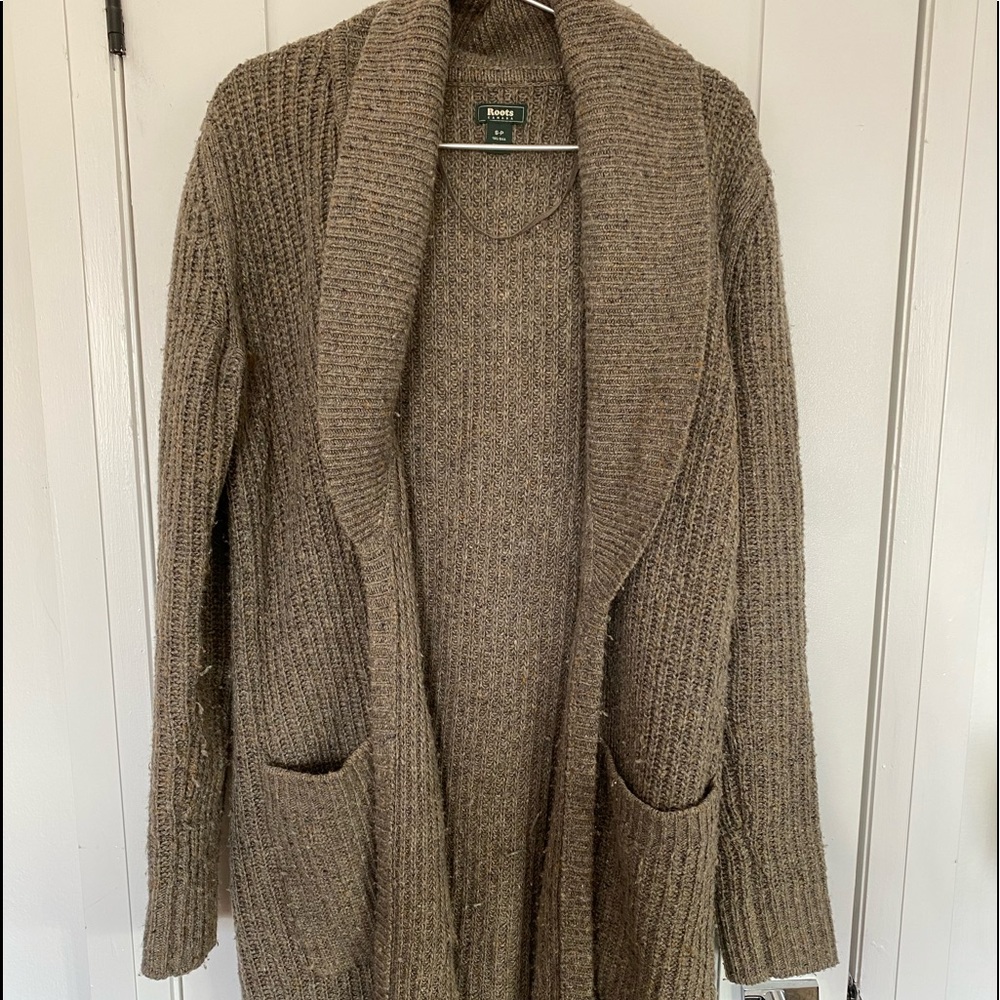 ROOTS Long gorgeous cozy tweed wool open sweater cardigan